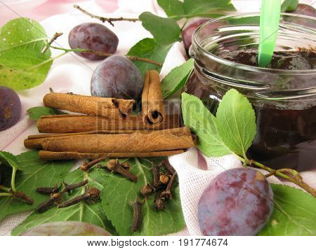 Jam from plums with spices in jar