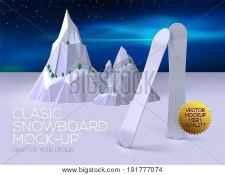 Poster with classic clean snowboard for your design. Mockup snowboard for presentations image on a light background. Base for your design!