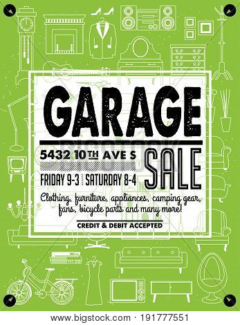 Garage or Yard Sale with signs, box and household items. Vintage printable poster or banner template.