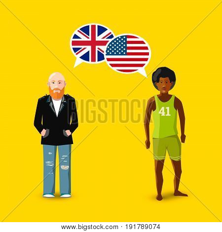 Two people with white speech bubbles with Great britain and USA flags. Language study conceptual illustration