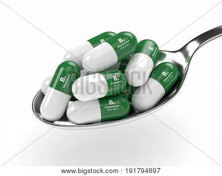 3D Render Of B9 Folic Acid Pills On Spoon