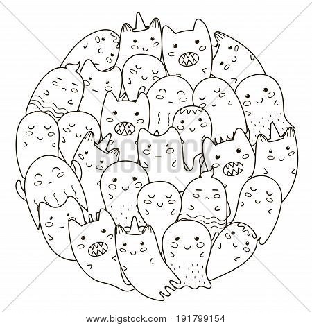 Circle shape pattern with cute ghosts for coloring book. Vector illustration