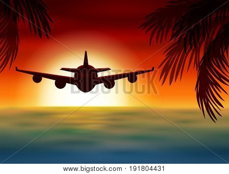 Vector illustration of airplane flies over the sea at sunset