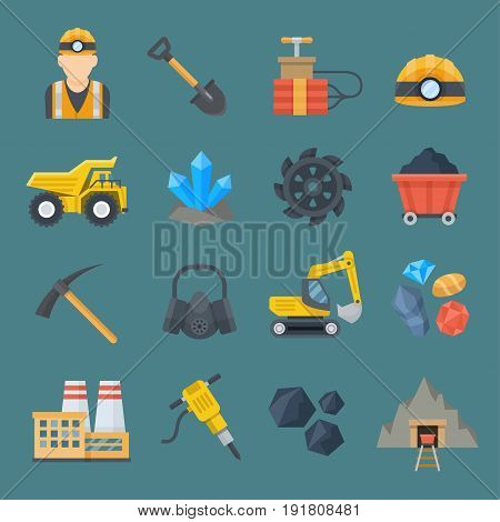 Minig industry icon set. Professional supply industries with natural resources, variety of metals, minerals, diamonds. Vector flat style cartoon illustration isolated on dark blue background