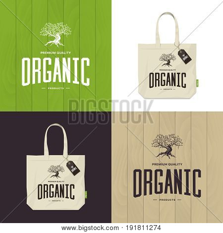 Olive tree vector logo concept isolated on green, white and brown background. Organic product emblem design set. Premium quality burlap shopping ecological bag and wood texture illustration mockup.