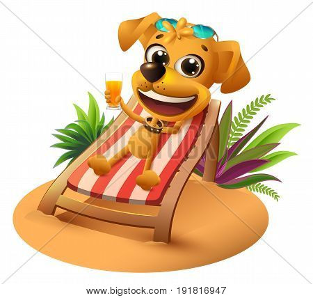 Summer beach vacation. Yellow dog lies on deckchair and holds orange juice. Isolated on white vector cartoon illustration
