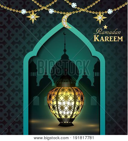 Islamic design mosque door and moroccan lantern greeting background in blue Ramadan Kareem vector