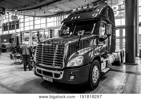 STUTTGART GERMANY - MARCH 03 2017: Truck Freightliner Cascadia Evolution 2015. Black and white. Europe's greatest classic car exhibition 