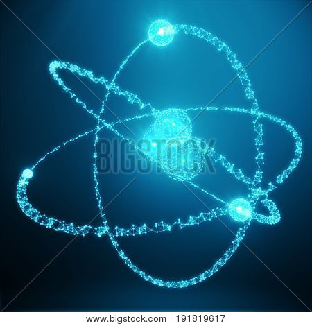 Polygonal Atom concept. Thin line concept. Blue shining cosmic 3d atom model. Blue structure style illustration. Shining nuclear model on dark background. 3D Rendering