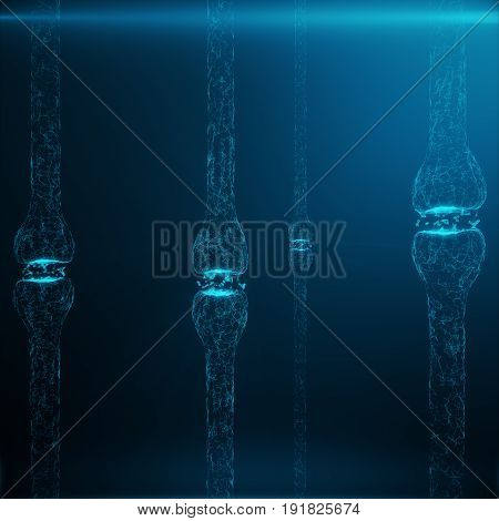 Blue glowing synapse. Artificial neuron in concept of artificial intelligence. Synaptic transmission lines of pulses.Abstract polygonal space low poly with connecting dots and lines. 3D rendering