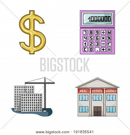 Calculator, dollar sign, new building, real estate offices. Realtor set collection icons in cartoon style vector symbol stock illustration .