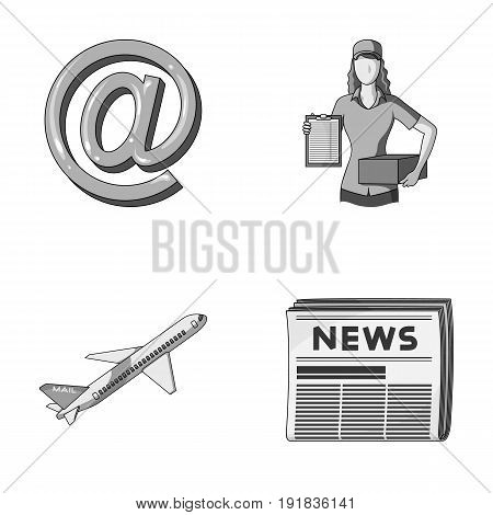 Email symbol, courier with parcel, postal airplane, pack of newspapers.Mail and postman set collection icons in monochrome style vector symbol stock illustration .