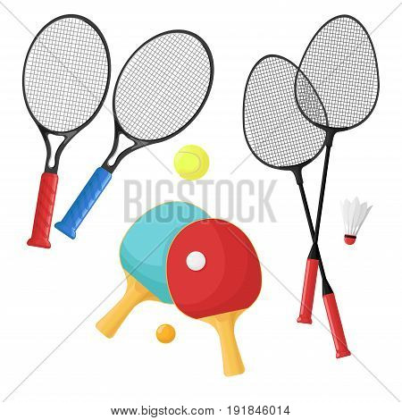 Sport items for: tennis badminton and ping-pong. Rackets and balls shuttlecock isolated on a white background. Vector illustration.