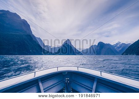 Milford Sound Peaks Viewed From The Boat In Cold Tone, New Zealand