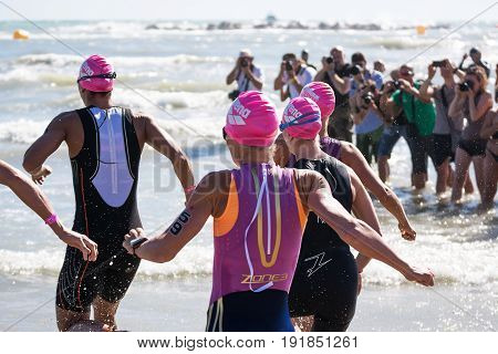 Pescara Italy - June 18 2017: Starting for the swimming test of the women athletes of the Ironman 70.3 Pescara of June 18 2017