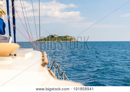 The Picturesque Island Of Mamula Is Visible From The Side Of The Sailing Yacht