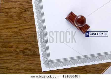 Certificate form and wooden vintage stamp with a reprint sanctioned