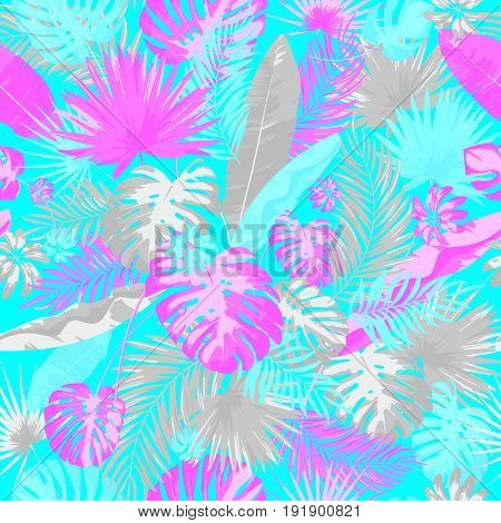 Tropical summer print with exotic leaves and plants. Trendy colors hand drawing seamless pattern