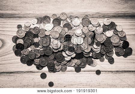 Old Soviet Coins On A Wooden Background - Monochrome Vintage Look