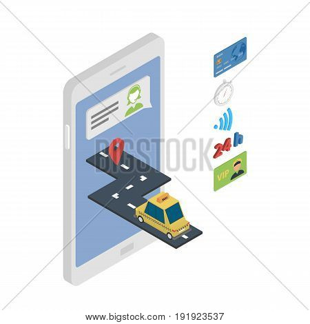 The concept of mobile taxi service. Vector illustration in isometric style.
