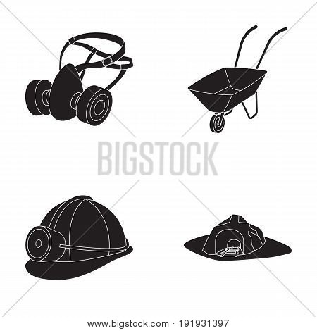 Headphones and raspirator, wheelbarrow, helmet with a lantern, the entrance to the mine.Mining industry set collection icons in black style vector symbol stock illustration .