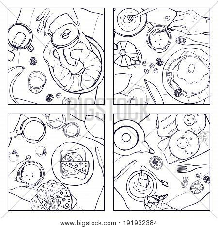 Set of different breakfast, top view. Square illustrations with luncheon. Healthy, fresh brunch drink, pancakes, sandwiches, eggs, croissants and fruits. Black and white hand drawn vector collection