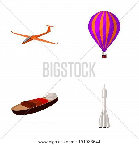 A drone, a glider, a balloon, a transportation barge, a space rocket transport modes. Transport set collection icons in cartoon style vector symbol stock illustration .