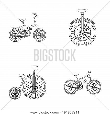 Retro, unicycle and other kinds.Different bicycles set collection icons in outline style vector symbol stock illustration .