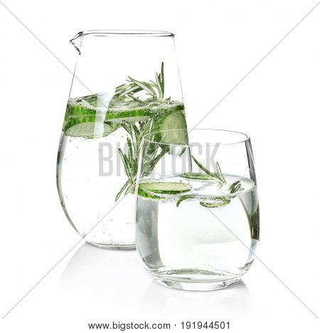 Tasty refreshing lemonade with cucumber and rosemary on white background