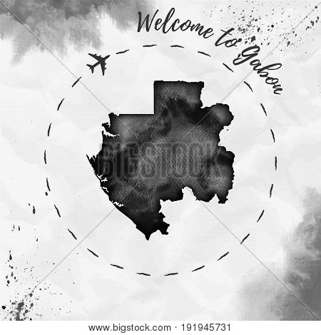 Gabon Watercolor Map In Black Colors. Welcome To Gabon Poster With Airplane Trace And Handpainted Wa