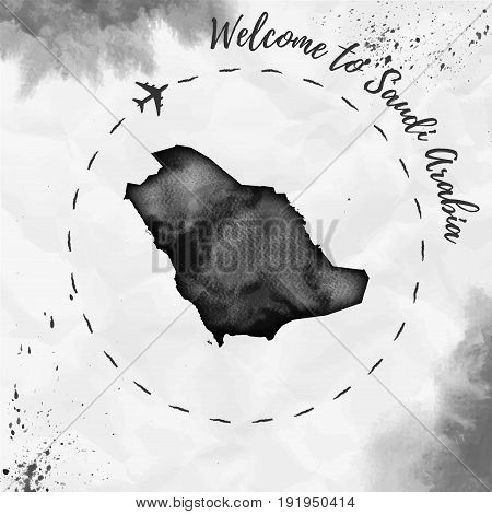 Saudi Arabia Watercolor Map In Black Colors. Welcome To Saudi Arabia Poster With Airplane Trace And