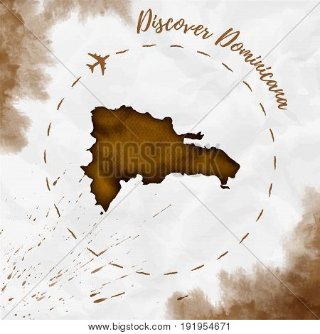 Dominicana Watercolor Map In Sepia Colors. Discover Dominicana Poster With Airplane Trace And Handpa