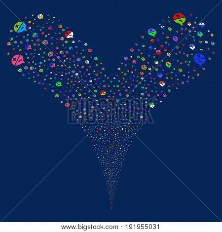 Arguments salute stream. Vector illustration style is flat bright multicolored iconic arguments symbols on a blue background. Object fountain organized from random design elements.