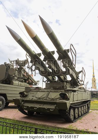 St. Petersburg Russia - 28 May, The launcher of the anti-aircraft missile complex Kub-M3,28 May, 2017.
Military History Museum of combat equipment in St. Petersburg.
