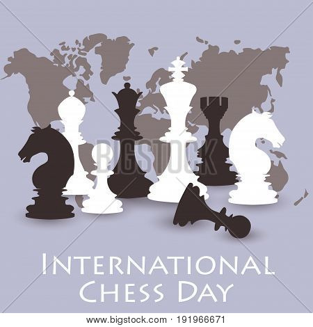 Chess background. International chess day card. July 20. Holiday congratulation poster. Vector illustration