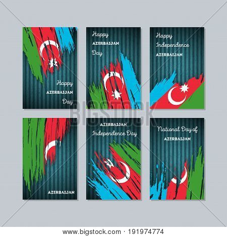 Azerbaijan Patriotic Cards For National Day. Expressive Brush Stroke In National Flag Colors On Dark