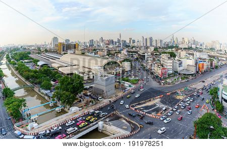 BANGKOK THAILAND - JUNE 12 2017 : View of Bangkok train station or Hua Lamphong Railway Station in the evening