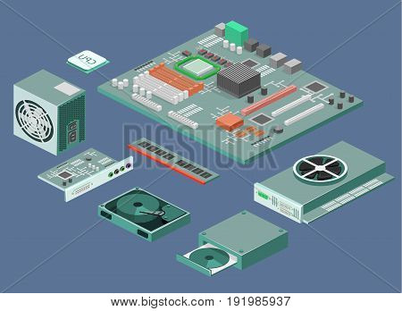 Isometric Flat 3D Isolated Vector White Computer Computer Parts