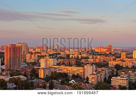 Dormitory area of Kyiv city on the beautiful sunset, Ukraine