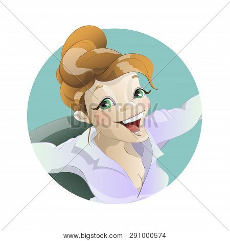 Avatar Happy Woman In The Office. Vector Illustration.