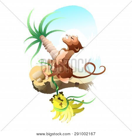 Strong Monkey Pulls A Lot Of Bananas. Vector Illustration.