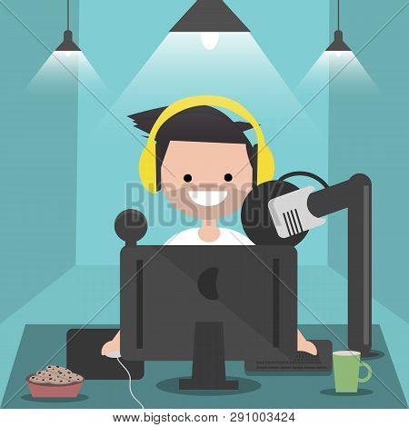 Young Character Sitting At Computer Desk.streaming.cloud Gaming Service.flat Cartoon Design.clip Art