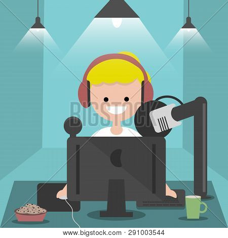 Young Character Sitting At Computer Desk.streaming.cloud Gaming Service.flat Cartoon Design.clip Art