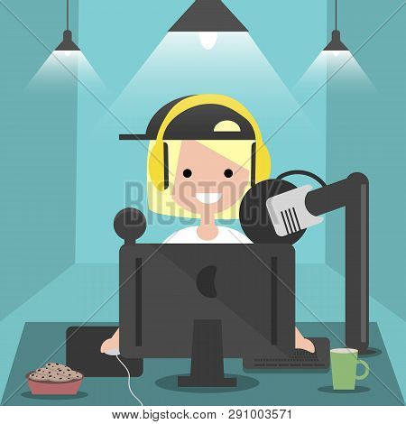 Young Character Sitting At Computer Desk.streaming.cloud Gaming Service.flat Cartoon Design.clip Art