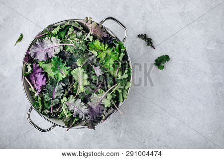 Green Baby Kale Leaves In White Colander On Gray Stone Background. Ingredient For Healthy  Smoothie,