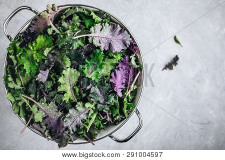 Green Baby Kale Leaves In White Colander On Gray Stone Background. Ingredient For Healthy  Smoothie,