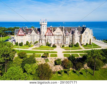 Magdalena Palace Or Palacio De La Magdalena Aerial Panoramic View. It Is A Palace Located On The Mag