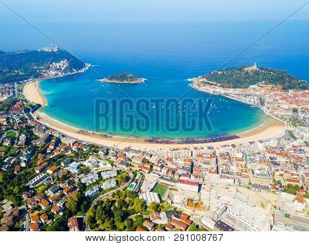 Santa Clara Island And San Sebastian Donostia City Aerial Panoramic View, Basque Country In Spain