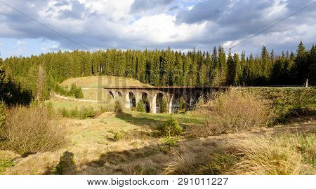 Mountain Landscape. With Old Viaduct Bridge In Vorohta, Ukraine. Carpathian Mountains.