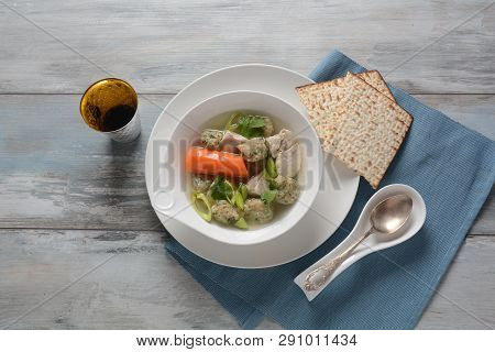 Chicken Soup With Matzah Balls (kneidlach) Carrots In The Bowl. Jewish Traditional Passover Pesach H